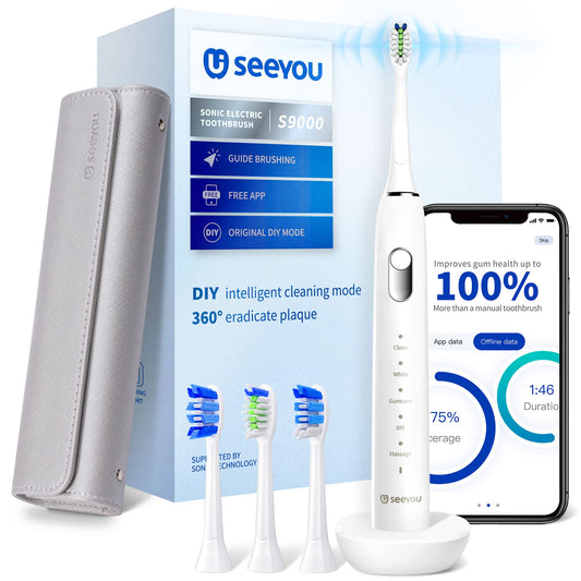 Seeyou Electric Toothbrush for Adults with App, Sonic Electronic Toothbrush with Premium Travel Case for 60 Days Using, 3-in-1 Deep Clean Gum Health Whitening Toothbrush Kit, White