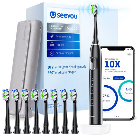 Sonic Electric Toothbrush for Adults, Rechargeable Electronic Toothbrush with 8 Brush Heads and Travel Case, 5 Modes 4 Mins Smart Timer, 10X Clean Powerful Than Manual Toothbrush (Black)