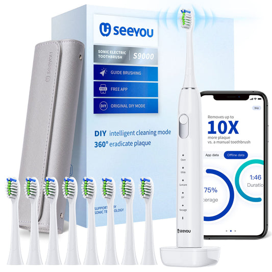 Sonic Electric Toothbrush for Adults, Rechargeable Electronic Toothbrush with 8 Brush Heads and Travel Case, 5 Modes 4 Mins Smart Timer, 10X Clean Powerful Than Manual Toothbrush (White)